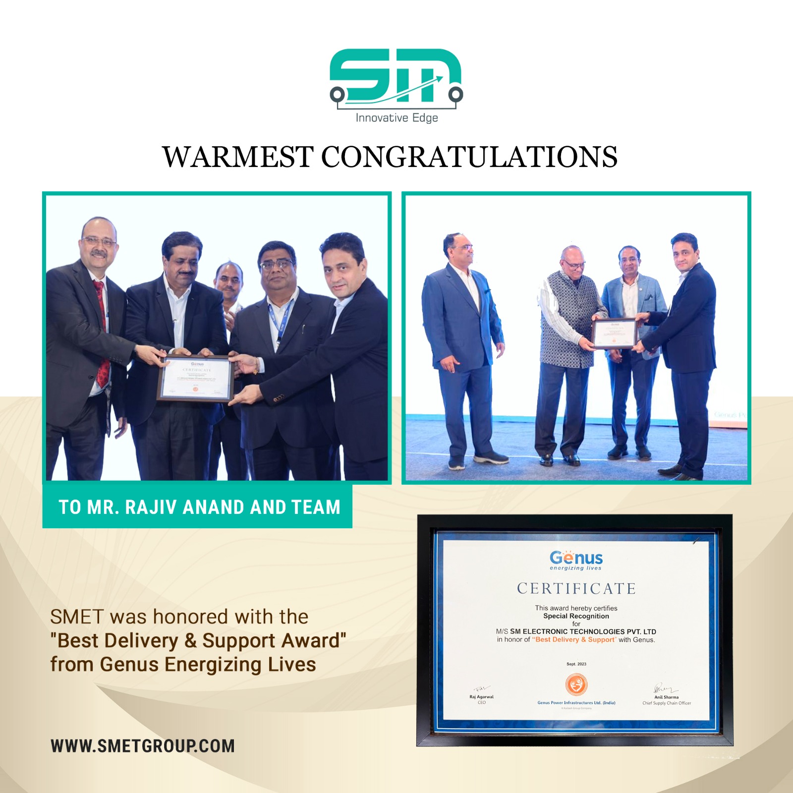 SMET has been Awarded the "Best Delivery & Support  Award" from Genus Energizing Lives